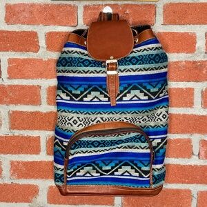 Made in Ecuador Leather Blue and Brown Patterned Backpack